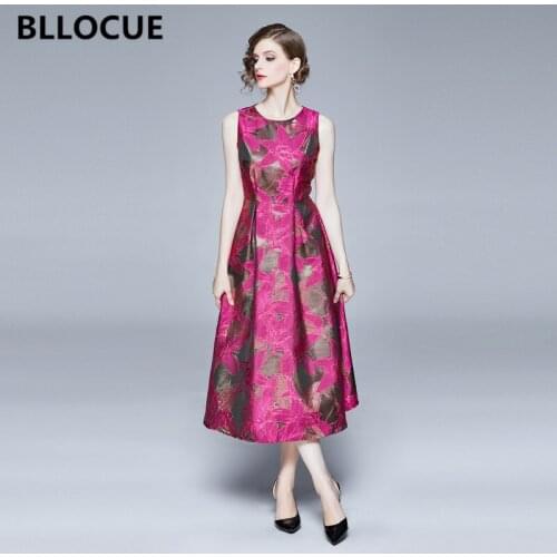BLLOCUE 2020 Summer New Elegant Runway Dress Vintage Women Rose Red Floral Jacquard Tank A-Line Dress Vestidos