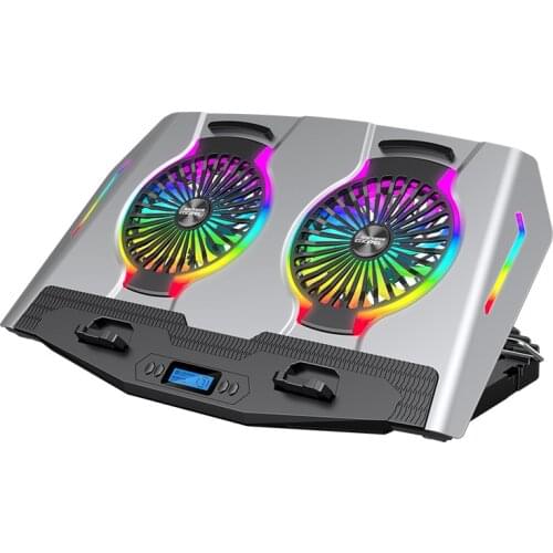 YT 21'' Aluminum Gaming Laptop Cooler Stand Strong Air Blow LED RGB LCD Temp Screen 2 USB Connect with Phone Holder