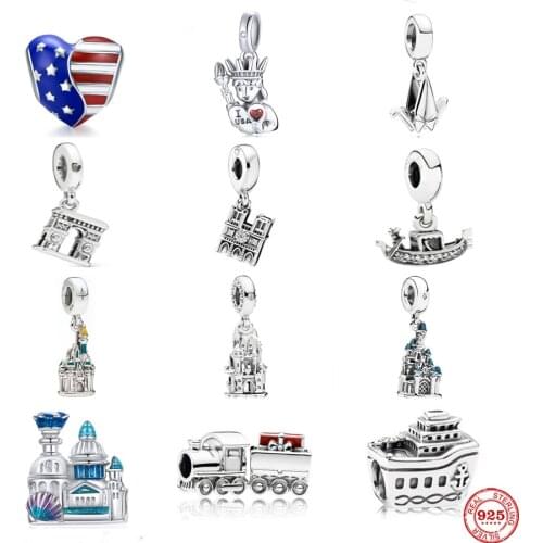 New 925 Silver Train Boat Castle Building Fit Pandora Original Bracelet Charm Bead For Women DIY Jewelry