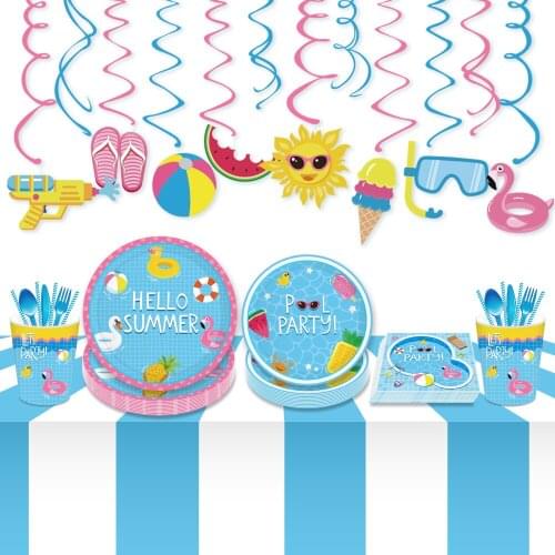 Summer Happy Birthday Party Decorations Baby Showe Swimming Pool Disposable Plates Napkins Cups Tableware Sets Kids Party Favors
