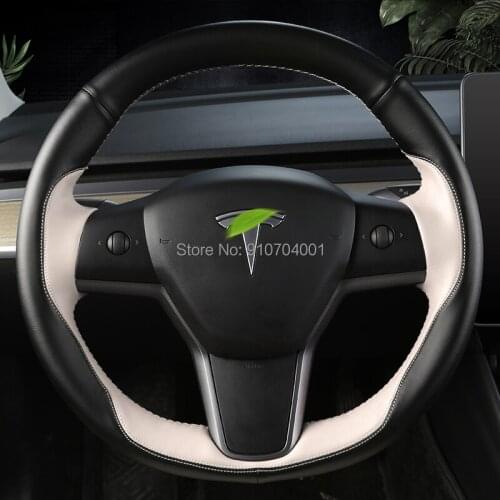 For Tesla Model 3 2017-20 DIY Black White Leather Car Steering Wheel Cover Car Accessories