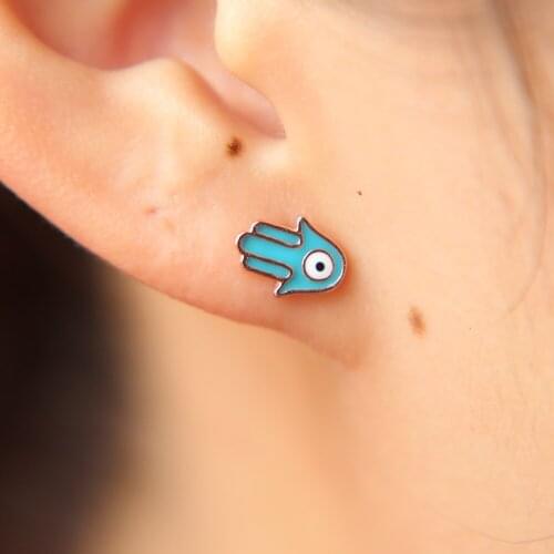 Dainty delicate cute girl kids jewelry tiny baby blue hamsa hand studs 925 sterling silver stud earring