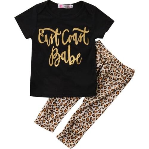 0-4Y Summer Toddler Baby Girls Clothes Sets Letter Leopard Print Short Sleeve T Shirts Tops+Pants