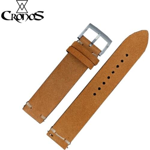 CRONOS Brown Genuine Leather Strap for Bronze Watch Flat Ends 20mm Stainless Steel Tongue Buckle Quick Release Spring Bars
