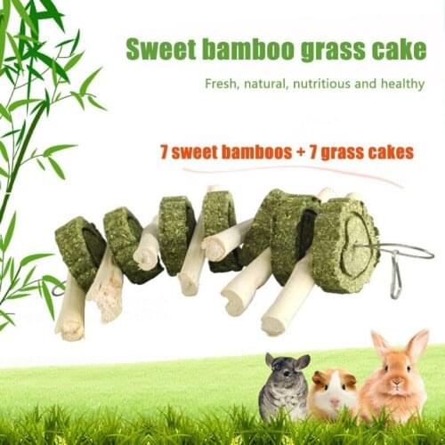 Rabbit Guinea Pig Chinchilla Chew Toys for Teeth Grinding Cage Hanging Toy, Timothy Hay Cake Sweet Bamboo Or Apple Tree Branch