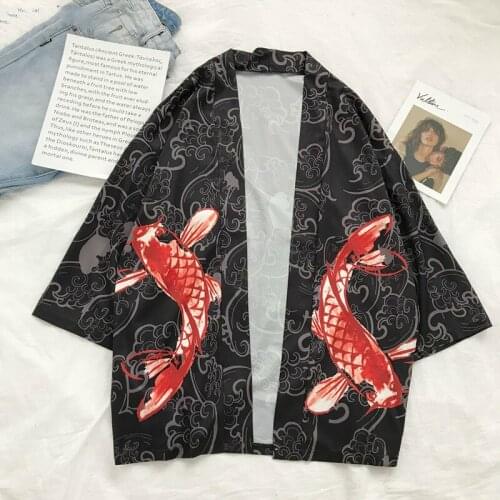 #4207 Summer Japanese Kimono Cardigan Shirt Fish 3d Printed Thin Black Kimono Streetwear Harajuku Loose Casual Tunic Shirt Male
