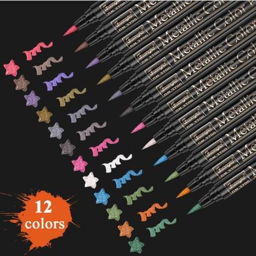 Metallic Marker Pen Set 12 Colors Metallic Brush Pen Markers for Black Paper Scrapbook Art Rock Painting Card Making Coloring