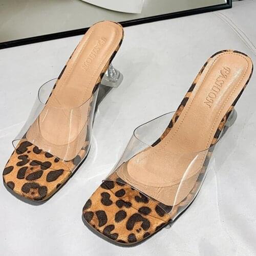 Fashion Women Sandals High Heels 2.75 Inches Beautiful Leopard Pattern Transparent Sexy Slippers（Size 34-42