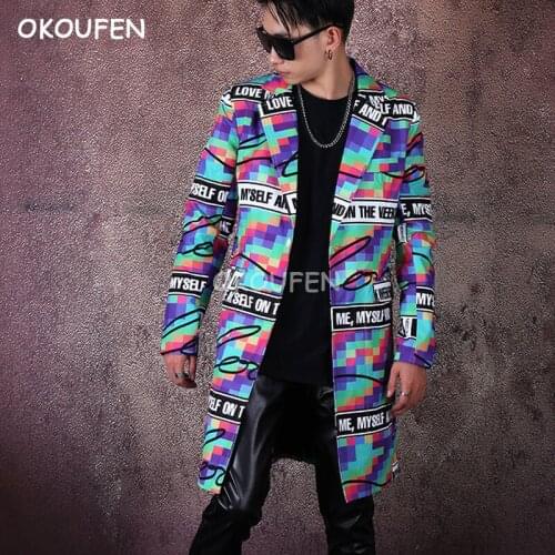 New Colorful Plaid prints Suit male Medium long Suit Jacket Nightclub hair stylist the host stage performance coat