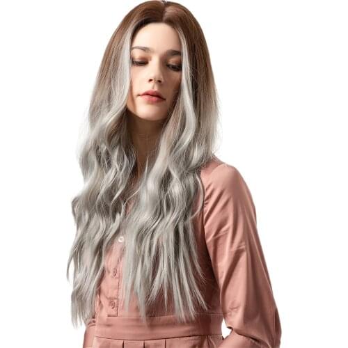 Ombre Brown Gray 26inch Synthetic Hair Resistant Long Wavy Curly Wigs