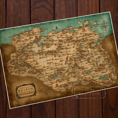Locations of Skyrim Map The Elder Scrolls V Game Classic Retro Vintage Canvas Poster DIY Wall Paper Posters Home Decor Gift