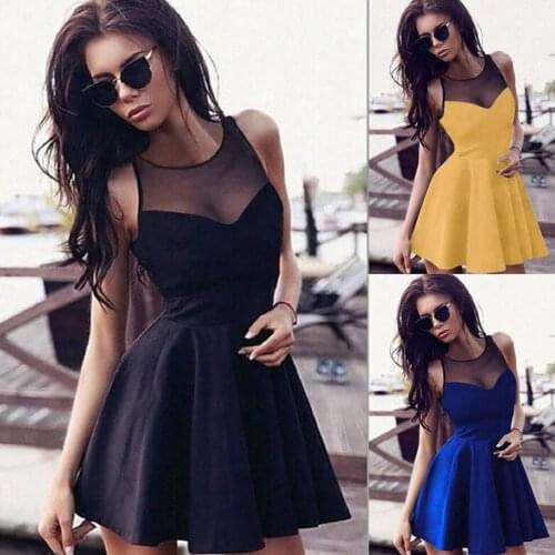 Sexy Black Mesh Bust Patchwork Dress Night Club Wear Sukienka Big Swing Hipster Dress Sleeveless Round Neck Gathered Dress Women