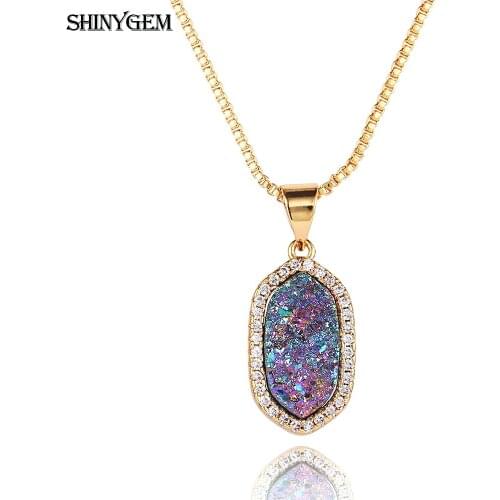 ShinyGem New Fashion Hexagon Chakra Crystal Druzy Necklaces Amulet Gold Plating Chain Natural Stone Pendant For Women wedding