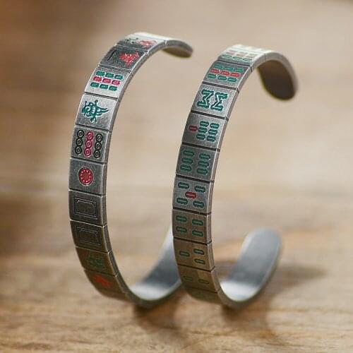 Traditional Chinese Mahjong Majiang Pattern Vintage Titanium Steel Cuff Open Bangle Funny Bracelet for Women and Men SS-159