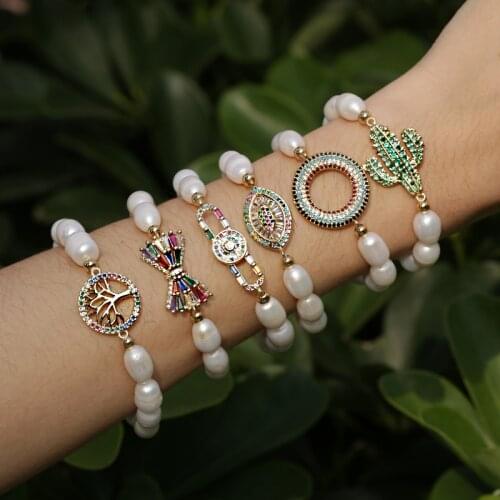 Vintage natural white freshwater pearl charm evil eye protection connector jewelry beaded bracelet for woman girl gift elegant