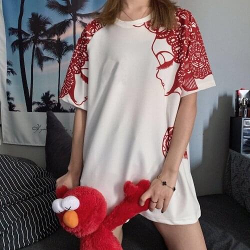 New summer T-shirt women retro Chinese style t shirt paper-cut printing tshirt ethnic style loose long clothing white Ropa Mujer