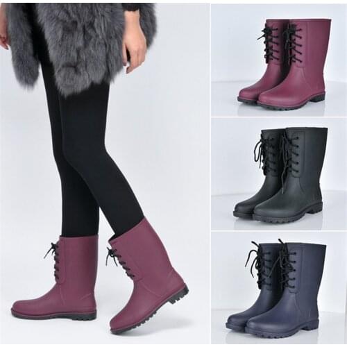 Girls Women Long Lace-Up Rain Boot Solid Color Winter Add Cotton Warm Soft Rainy Shoes Woman Big Size 36-41 Non-slip Rainboots