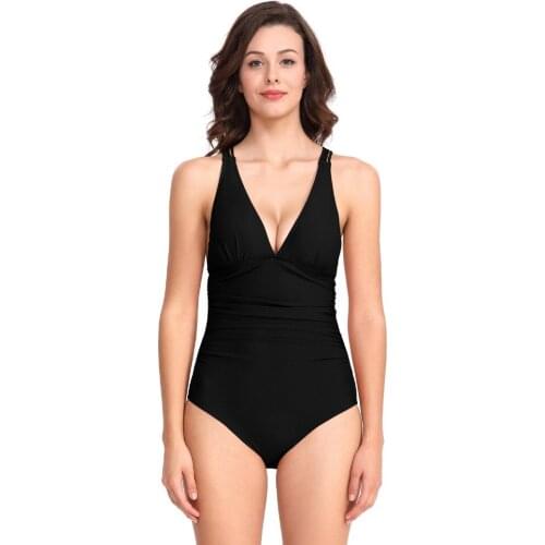2019 New Sexy Deep V-Neck Pure Color Good Quality Criss Cross Back Women One-piece Swimsuit Rose Red/Black/Navy Blue/Rusty Red