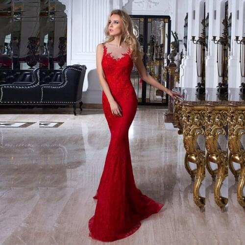 New Arrival Elegant Red Lace Mermaid Evening Dresses Sleeveless Jewel Neck Wedding Party Gowns Illusion Back Appliqued 2021