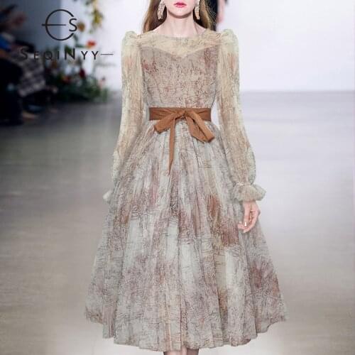 SEQINYY Vintage Midi Dress Summer Spring New Fashion Design Women Runway Party Brown Flowers Print Mesh Gown Ball Elegant