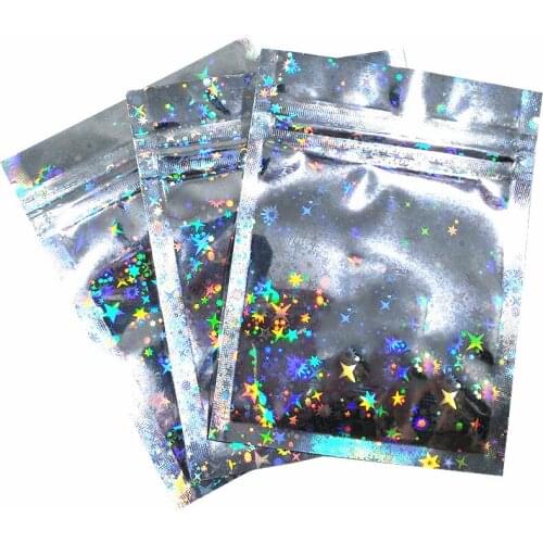 100Pcs/Lot Zip Lock Glittery Star Aluminum Foil Bag Self Seal Resealable Tear Notch Flat Pouches for Food Snack Dry Fruits Nut