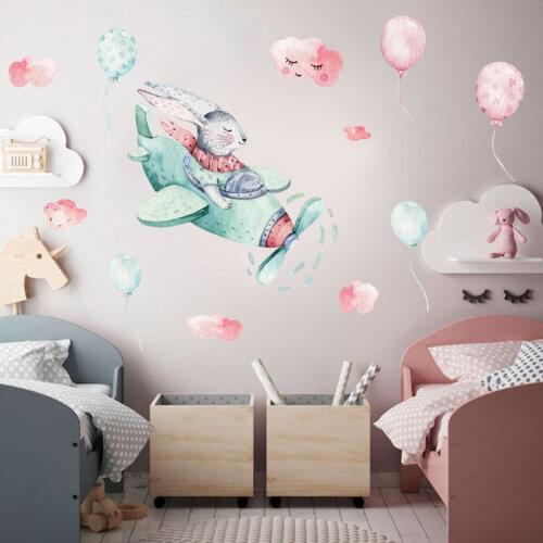 2pcs Cartoon Funny Flying Rabbit Wall Sticker for Kids room Baby room Bedroom DIY Vinyl Wall Decals Eco-friendly Art Wall Murals