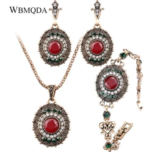 3Pcs/lot Vintage Wedding Jewelry Sets For Women Dubai Antique Gold Color Bracelet Earrings And Necklaces Turkey Crystal Party