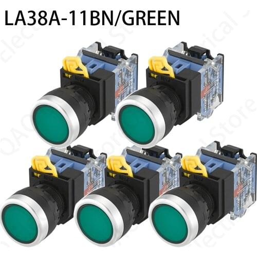5PCS LA38A-11BN Quality Sliver Contact Push Button Switch On/Off Momentary/Latching 22mm green