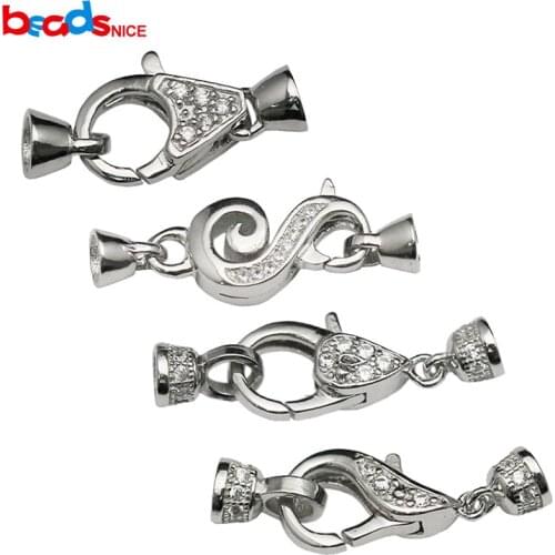 Beadsnice Solid 925 Sterling Silver Lobster Clasp CZ Pave Large Clasp with Two End Caps for Bracelet Making ID35676