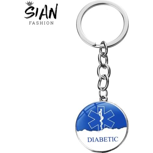 SIAN Simple Design Blue Diabetic Alert Sign Keychain Diabetes Medical Alert Glass Alloy Key Chain Bronze Silver Color Key Holder