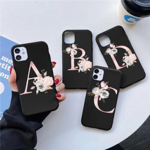 Initial Alphabet Letter Flower Black Case For Samsung Galaxy A52 A50 A51 A12 A10 A21S A31 A32 A40 A72 A70 A71 Silicon Back Cover