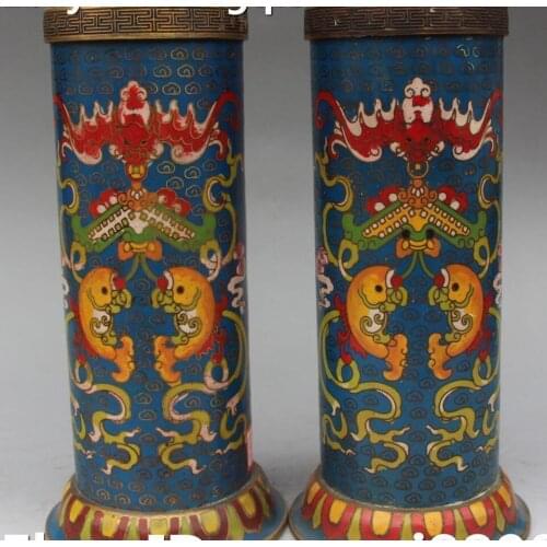 20CM Cloisonne Enamel Gilt Bat Fish Fishes Pen Holder Pencil Vase Brush Pot Pair