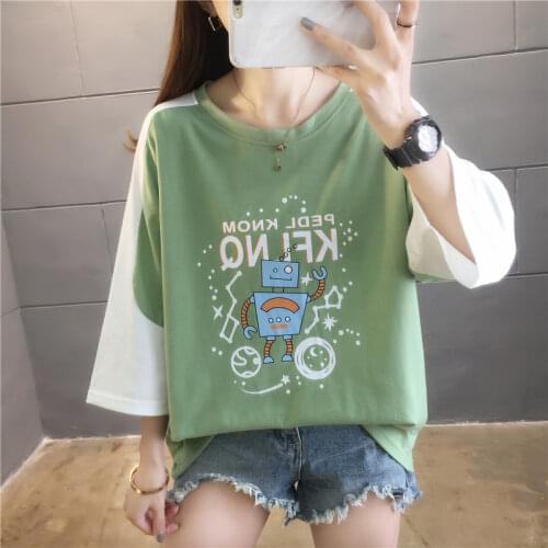 Kawaii Funny Cartoon T Shirt Women summer korean Patchwork cotton T-shirts Harajuku Ullzang 90s T-shirt Graphic Tees Female Tops