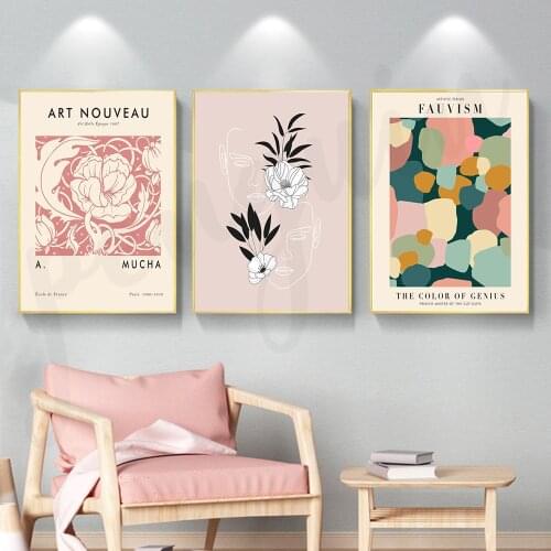 HD Image Abstract White Line Woman Face Painting Mucha Exhibition Canvas Posters and Prints Museum Gallery Wall Art Home Decor