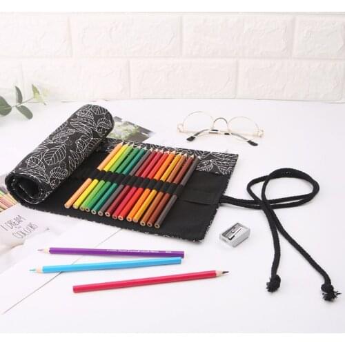 Canvas School Pencil Case 12/24/36/48/72 Holes Roll Pencilcase Large Cute Leaf Print Girls Boys Pencil Bag School Stationery