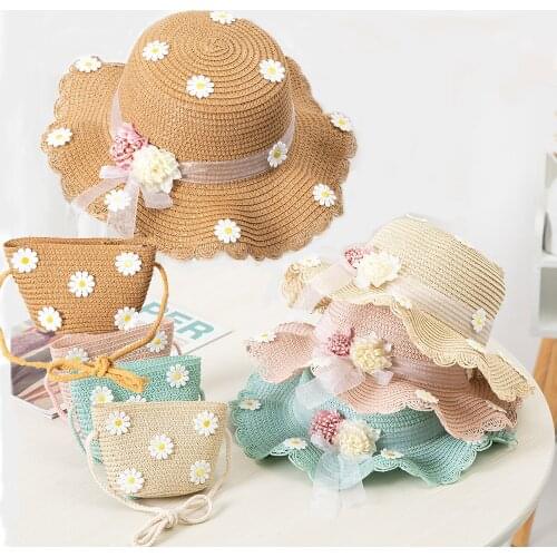 Kids Girls Large Wide Brim Straw Woven Sun Protection Beach Hat Ball Summer Flowers Fisherman Cap Portable Handbag
