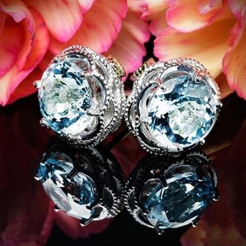 Huitan Classic 6 Claws Sky Blue Round Zircon Women Stud Earrings Bright Color Romantic Girl Minimalist Earrings Timeless Jewelry