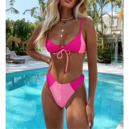 Sexy Bikini 2020 Pink Patchwork Front Tie Padded Swimsuit Beach Bathers Bathing Suit Push Up Thong Swimwear Banador Mujer