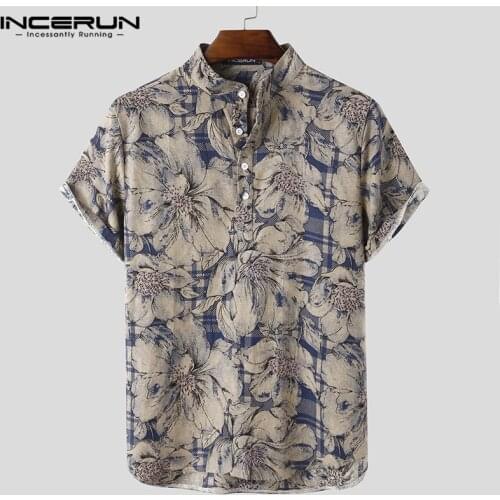 Summer Men Casual Shirt Printed Short Sleeve Stand Collar 2021 Breathable Blouse Streetwear Camisas Chic Hawaiian Shirts INCERUN