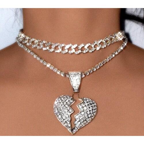 Statement Heart Rhinestone Pendant Necklace For Women Punk Bling Miami Cuban Link Chain Gun Necklace Choker Men Hip Hop Jewelry