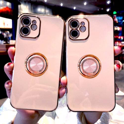 Plating Soft Silicone Shell Case For iPhone 12 11 Pro Max XS XR X 7 8 Plus iPhone11 11Pro iPhone8 Phone Ring Holder Stand Covers