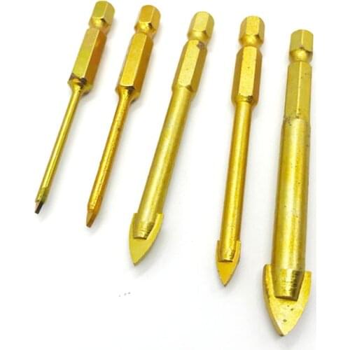Titanium coated hex glass tile drill bit Set for Wall carbide Mable tile ceramics glass Granite Spear Point Cross Head