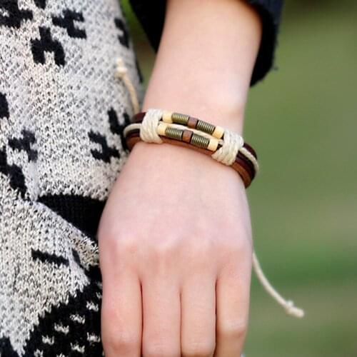 New MenS Bracelets Bronze Spring Wooden Beads Hemp Rope Weaving Leather Strand Bracelets For Women Fashion Jewelry