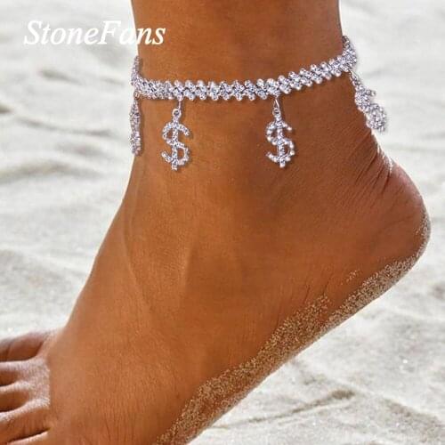 Stonefans Bling Rhinestone Novelty Pendant Dollar Sign Anklet for Women Summer Beach Barefoot Sandals Anklet Bracelet Leg Chain