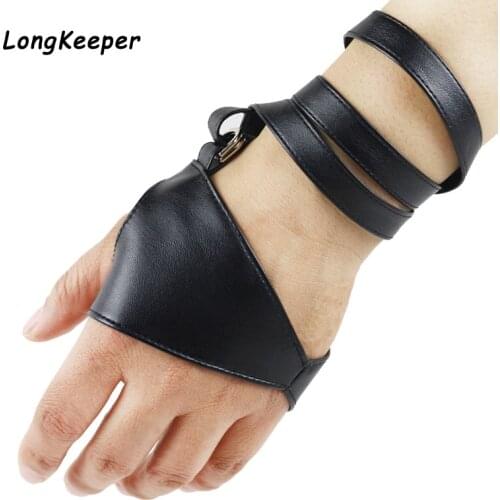 LongKeeper Women Fingerless Gloves PU Leather Dancing Gloves Non-Slip Palm Belt Up Half Finger Punk Show Fashion Guante Luvas
