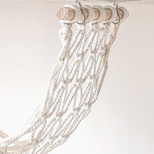 066E Boho Handmade Woven Macrame Fruit Hammock Holder Under Cabinet Hanging Net Basket with Wooden Sticks Kitchen Organizer