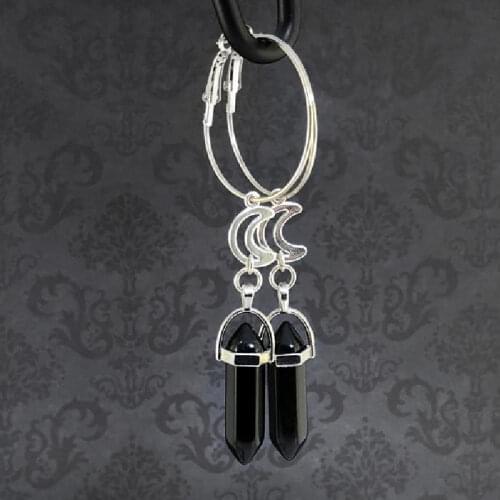 Black Onyx Gothic Hoop Earrings set-With Moon - Gothic Earrings Crystal Hoop Earrings With Charm Celestial Jewellery