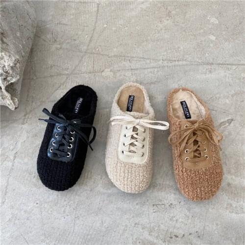 Luxury Cross-tied fur slippers women comfy shearling mules winter cotton shoes woman flat cover toe warm plush slides mujer 2021