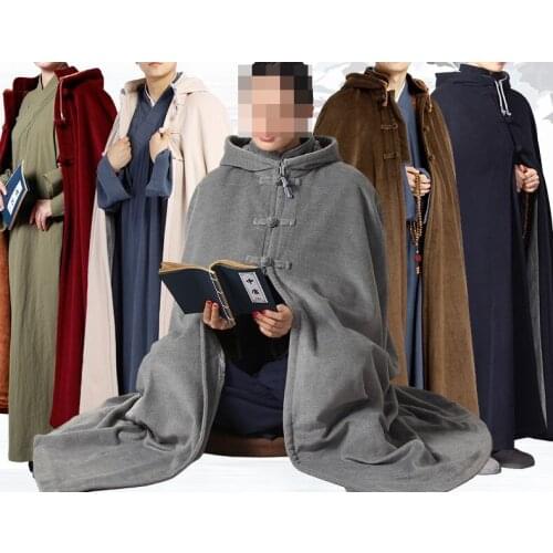 Unisex winter zen suits coat Buddhist shaolin monk cape kung fu uniform meditation cloak monks warm robe gray/blue/red
