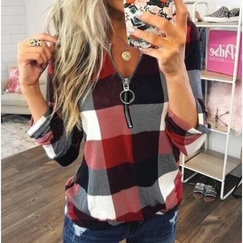 2021 Autumn Woman Long Sleeve Blouse Fashion Sexy Zipper V Neck Plaid Pullover Ladies Shirt Vintage Casual Female Elegant Tops
